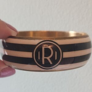 Mud Pie 80s VINTAGE Black & White "R" Metal Inlay Bangle Bracelet Retro EUC